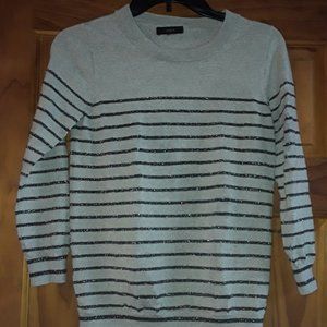 J.Crew SZ SM Light Gray Black Sparkle Stripe Crew Neck Merino Wool Sweater